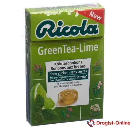 Ricola GreenTea-Lime ohne Zucker mit Stevia Box 50 g